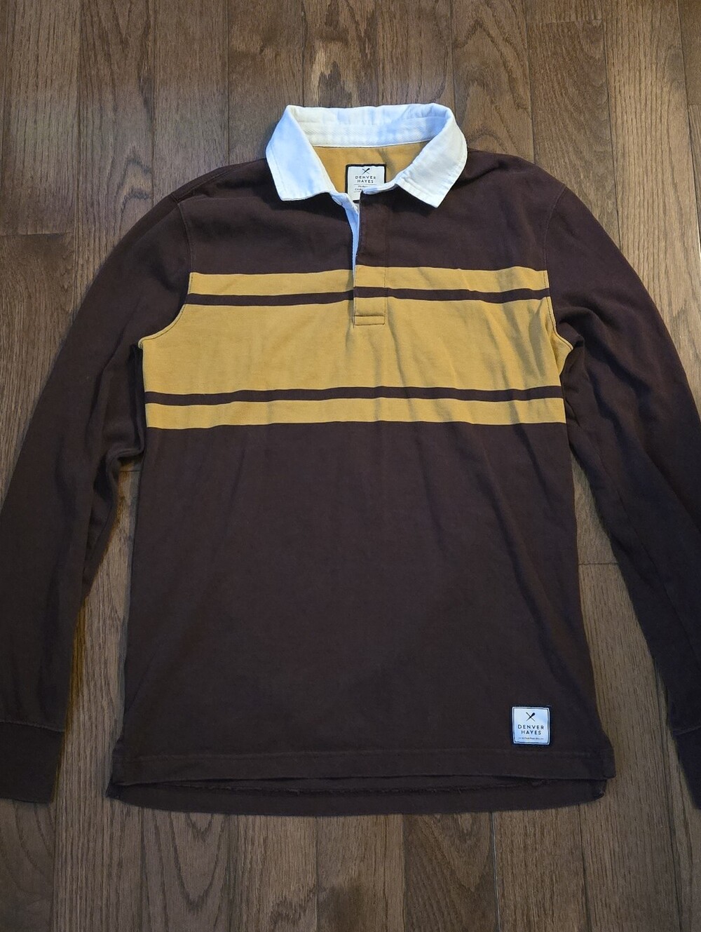 Denver Hayes brown rugby shirt with yellow stripe Size S